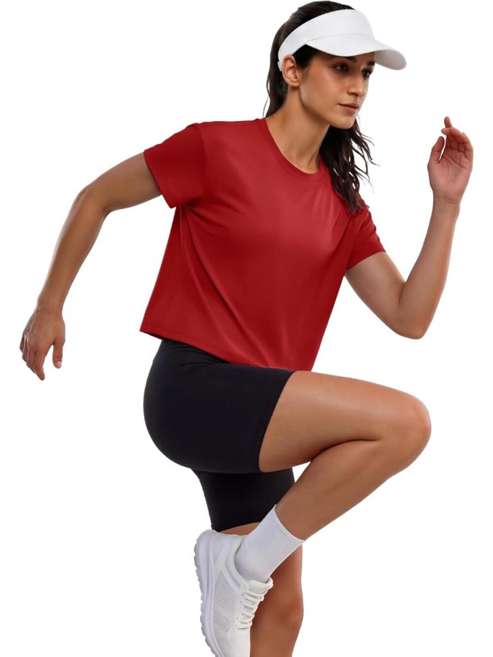 〽️Women's True Red Short Sleeve Cotton Athletic Crewneck Casual Loose Crop Tops
